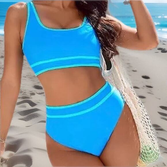 BMJL Women’s 2 Piece Swimsuit Small Blue Color Block High Waist Tank Bikini - Picture 3 of 8